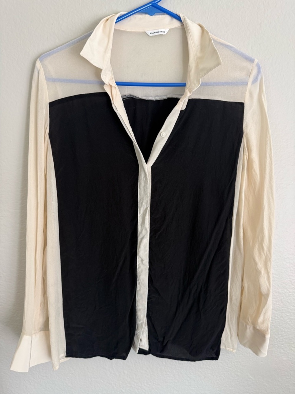 Club Monaco Black and Cream Sheer Colorblock Button-Up silk Blouse